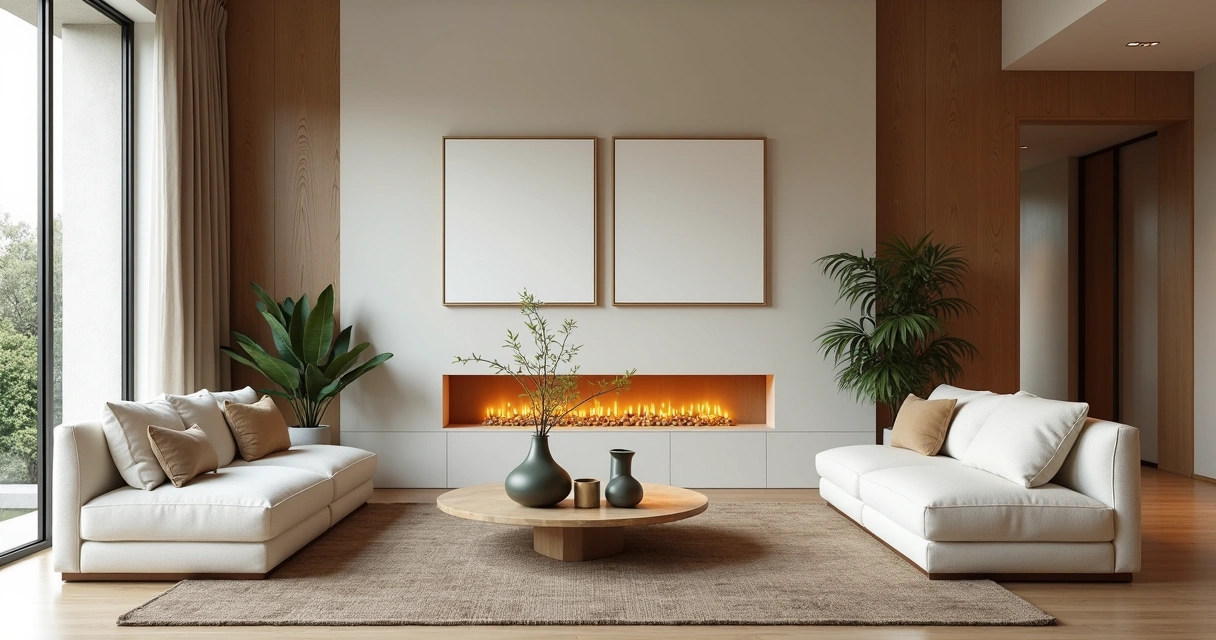 Sala com móveis modulares de formatos arredondados e iluminação suave 