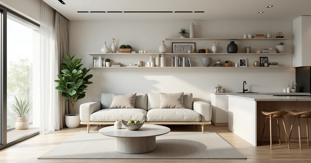 Sala com móveis multifuncionais e decoração aconchegante. 