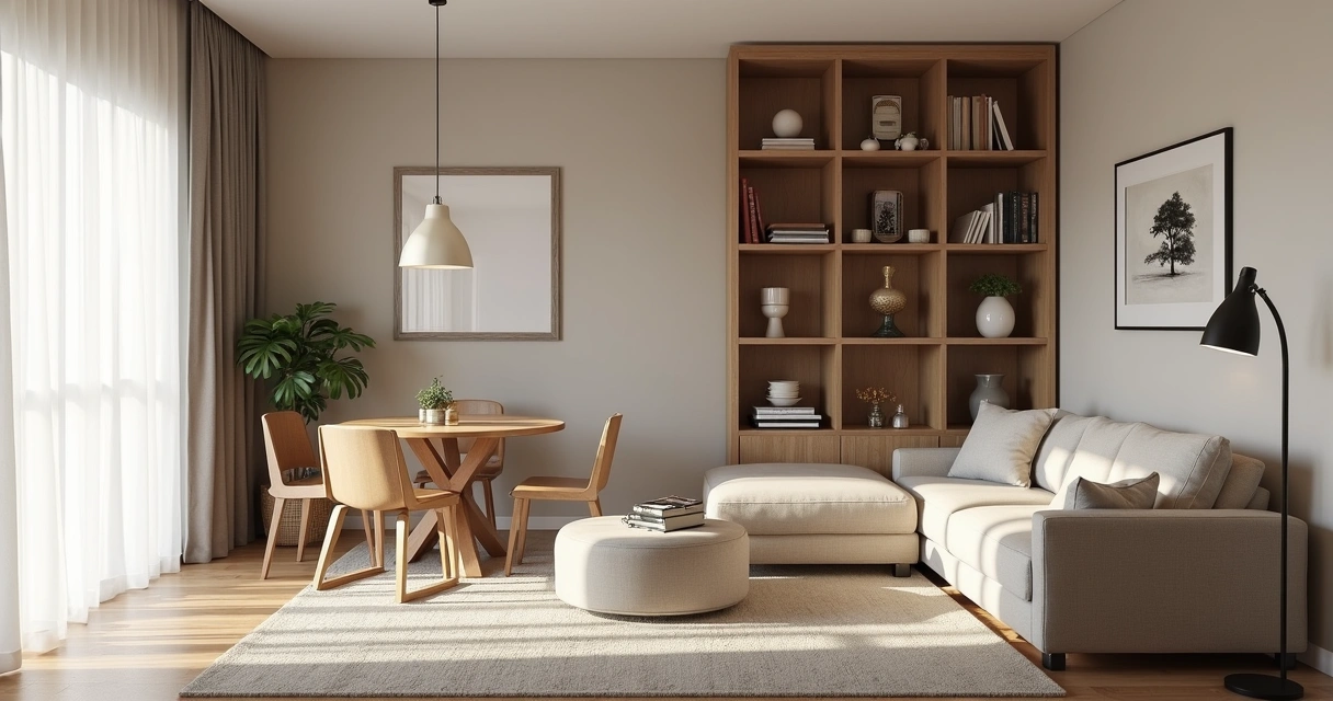 Sala de apartamento com móveis multifuncionais e estante aberta 