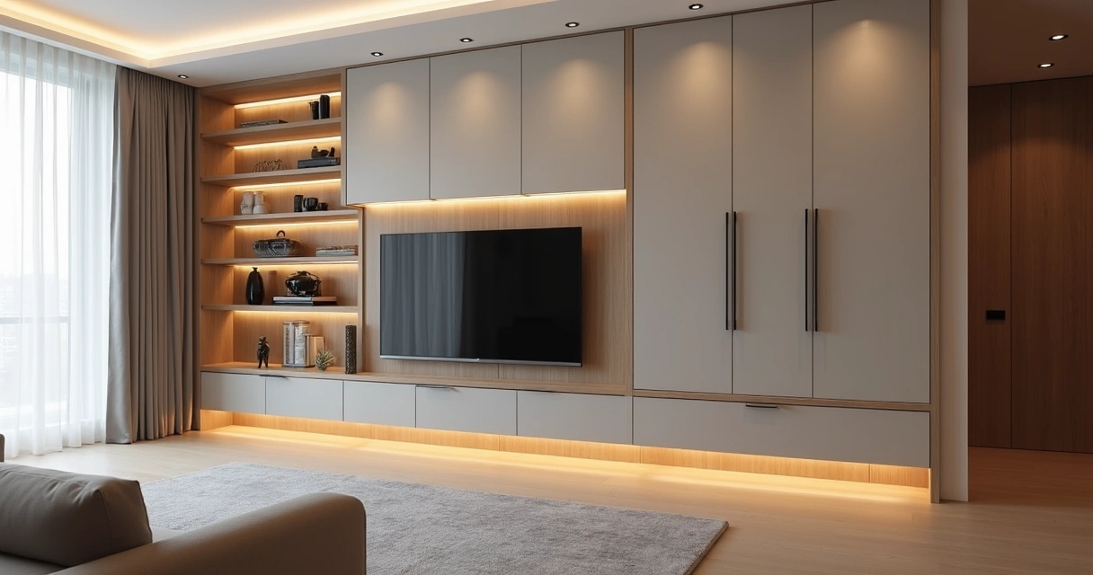 Sala moderna com móveis planejados em acabamento premium com iluminação embutida 