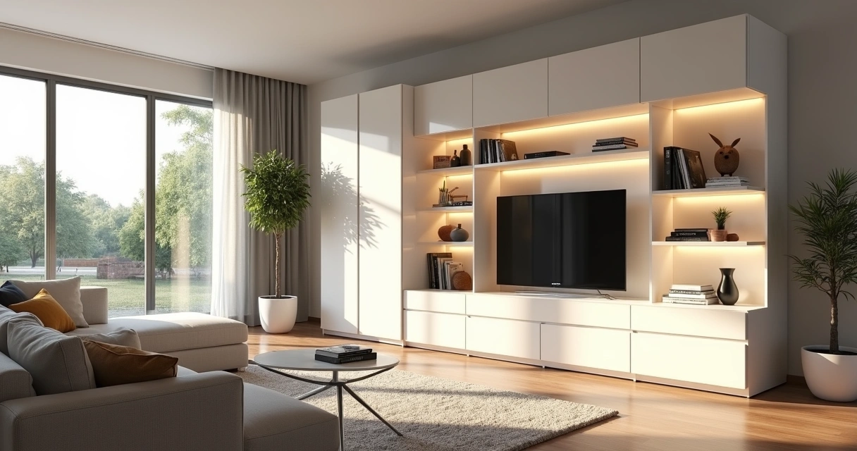 Sala moderna com móveis planejados em MDF branco com acabamento sofisticado e decoração elegante 