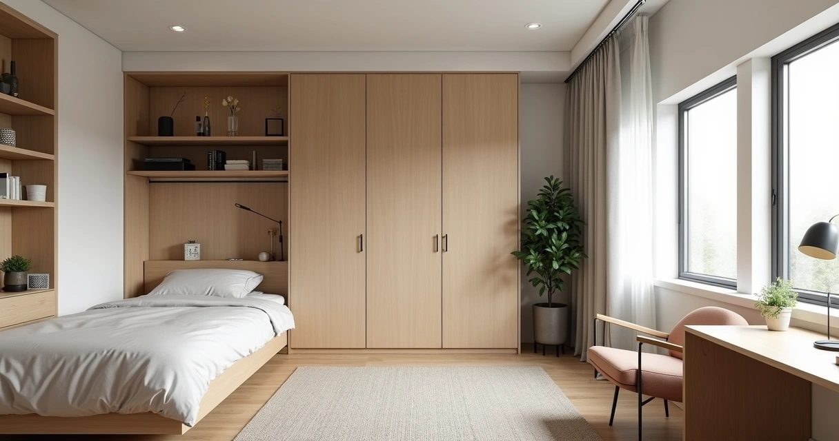 Móveis planejados ocupando parede de um studio 