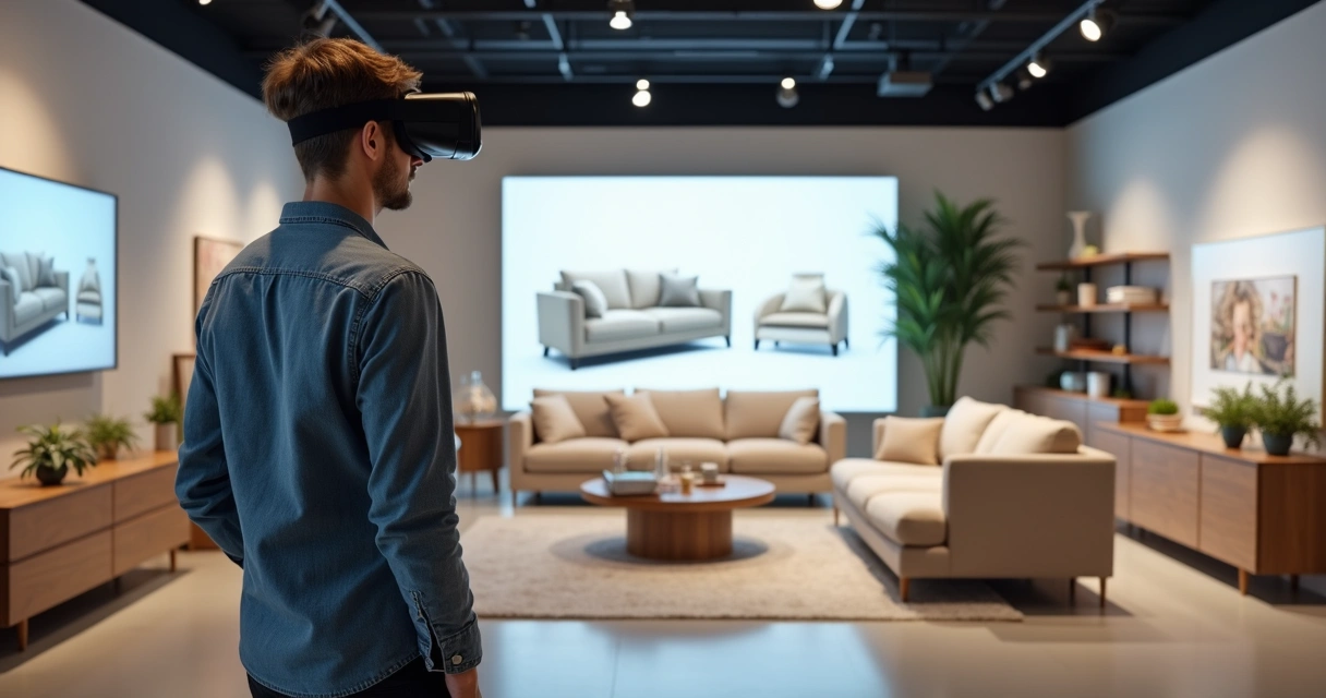 Cliente testando móvel com realidade virtual em loja moderna de móveis 