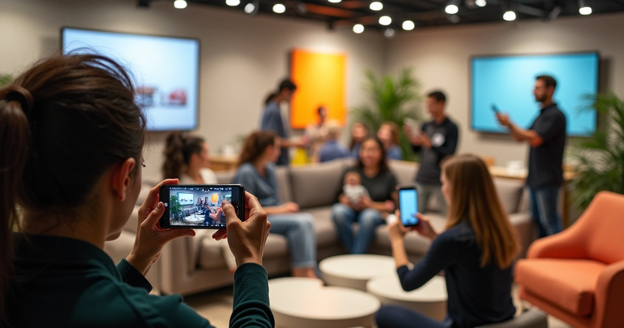 Equipe de loja de móveis produzindo conteúdo para redes sociais 
