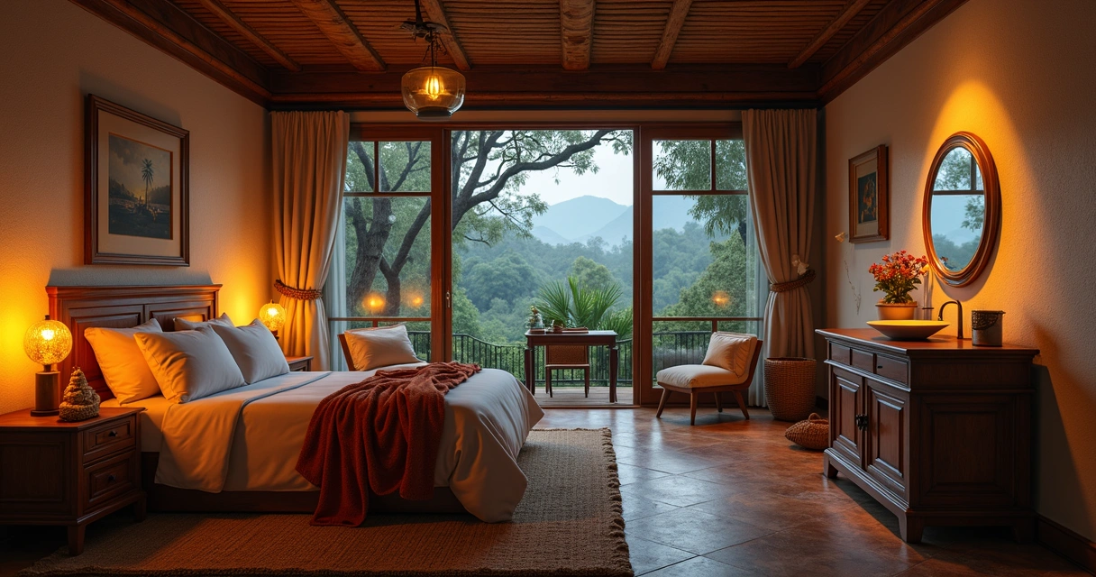 Conjunto de móveis vivos do Sighting Set no Tibia, com cama, armário, cadeira, mesa, lâmpada e baú com design assustador e detalhes animados em ambiente interno de casa tibiana iluminada 