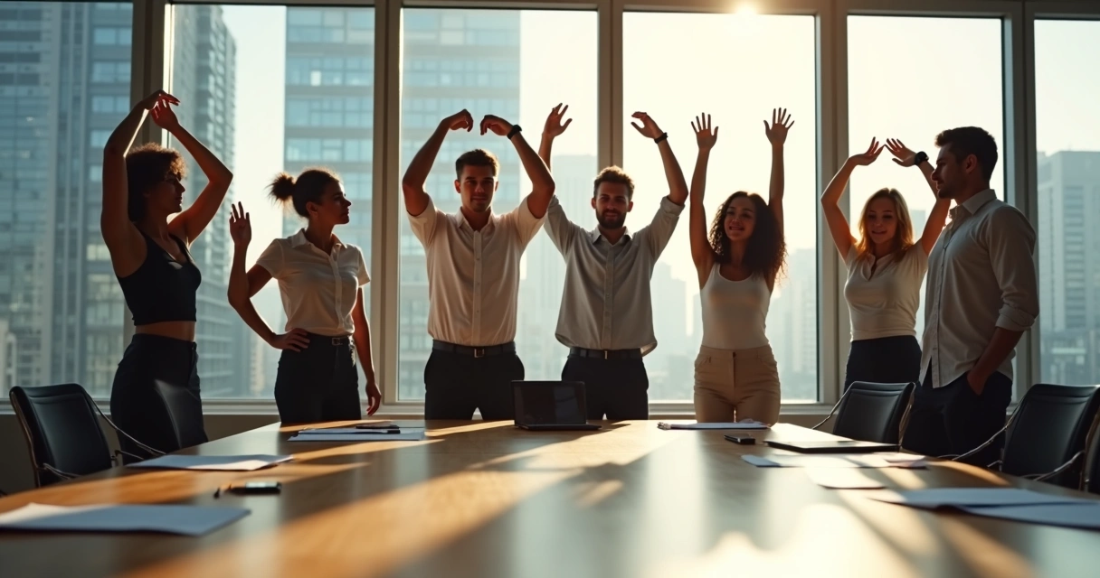 People stretching arms during meeting break at office 