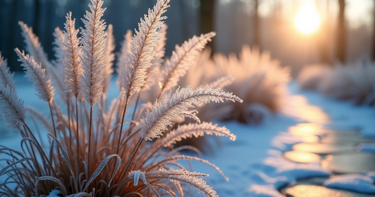 Frozen grass plumes in winter morning light