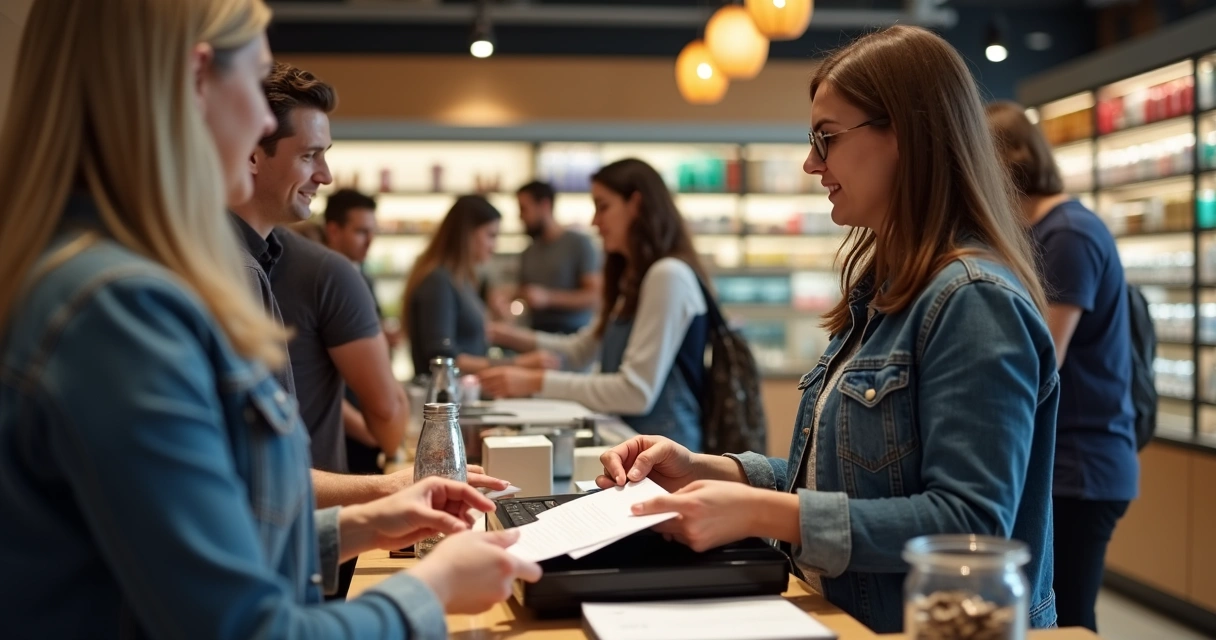 Balcão de loja de varejo com caixa registradora e movimento de compradores 