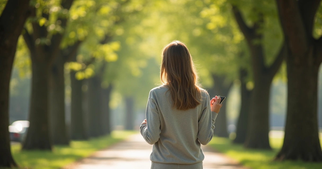 Pessoa caminhando ao ar livre segurando um pequeno caderno nas mãos 