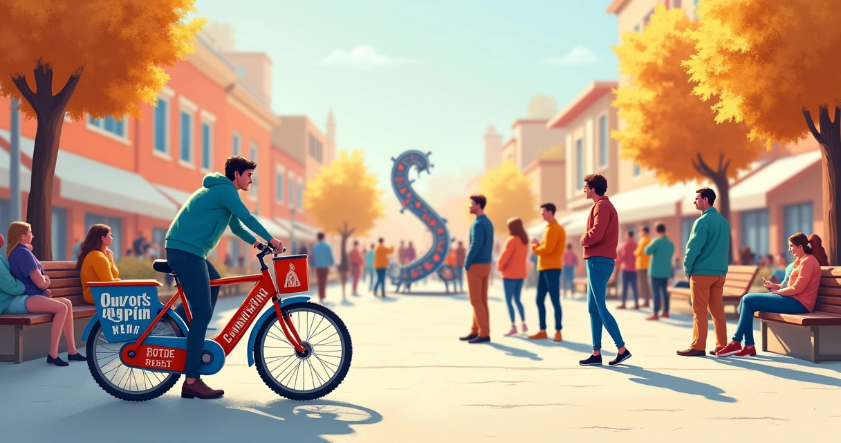 Grupo reunido com material de campanha colorido em praça de cidade pequena, com bicicleta personalizada