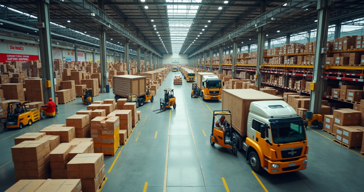 Vista aérea de galpão logístico em São Paulo com vários caminhões e empilhadeiras