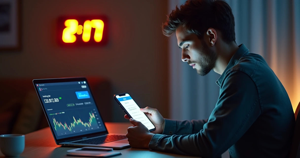Homem segurando celular exibindo tela do app de banco mostrando transferência Pix instantânea