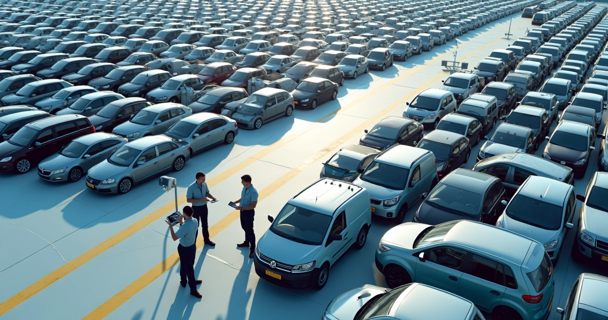 Visão aérea detalhada de pátio automotivo organizado, com veículos em fileiras e sensores instalados 