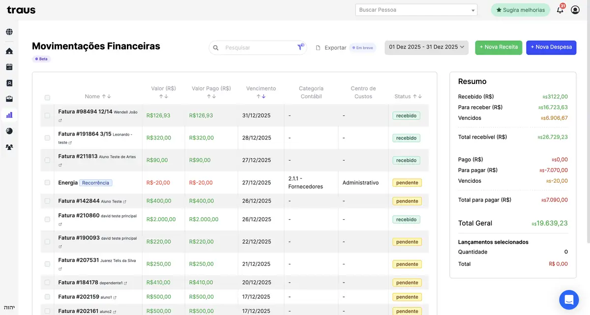Tela do sistema Traus mostrando a lista de movimentações financeiras com colunas de nome, valor, valor pago, vencimento, categoria contábil, centro de custos e status