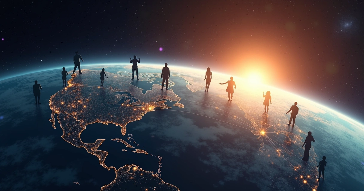 Rede de pessoas conectadas em volta do planeta simbolizando consciência integrada 