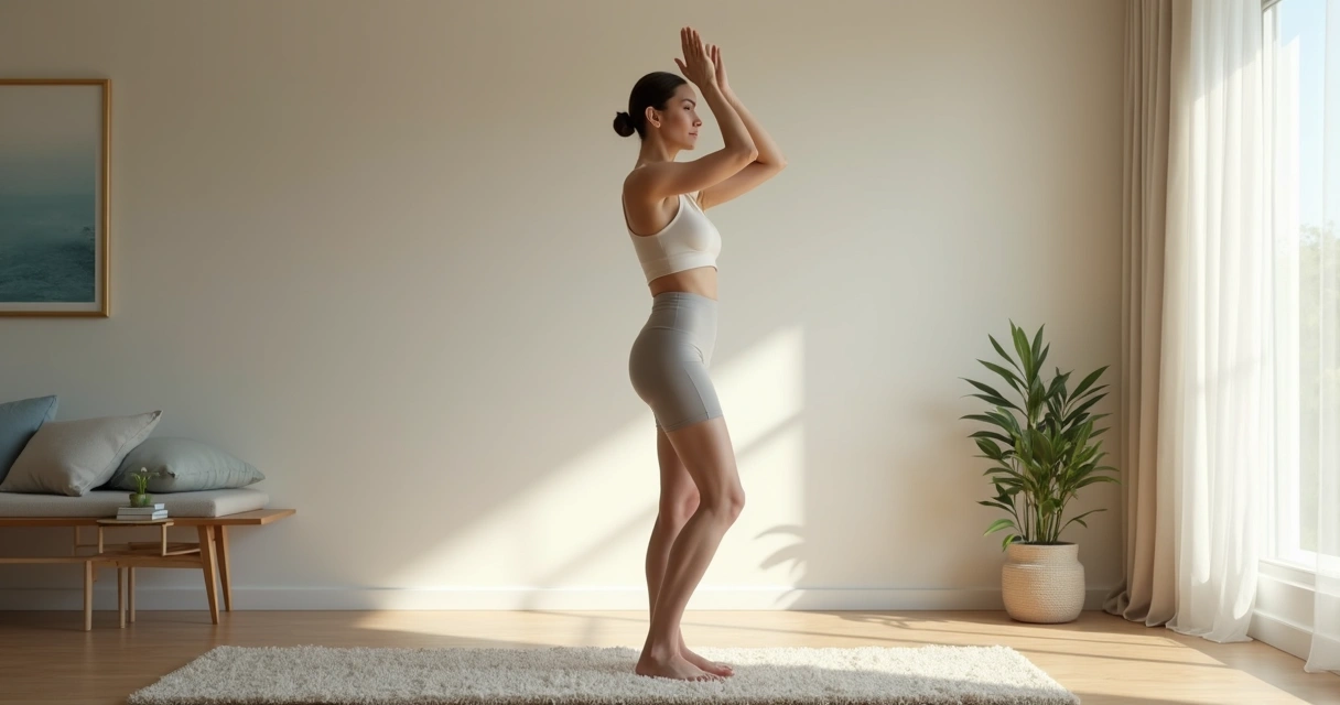 Adulto praticando movimento consciente em espaço calmo