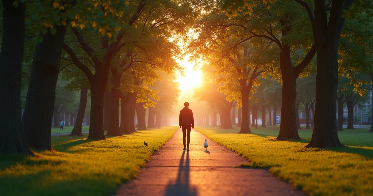 Pessoa caminhando em parque ao pôr do sol, apreciando a natureza 
