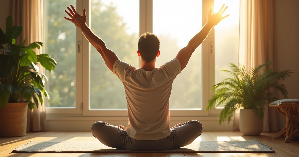 Homem fazendo alongamento pela manhã em casa 