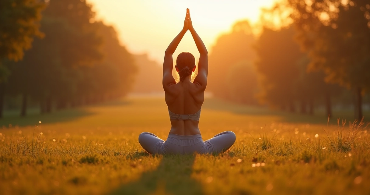Pessoa praticando yoga ao nascer do sol em parque amplo 