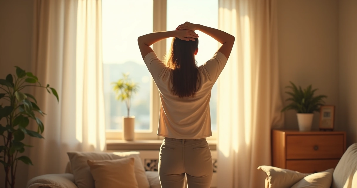 Pessoa em pé alongando os braços acima da cabeça em um cômodo iluminado 