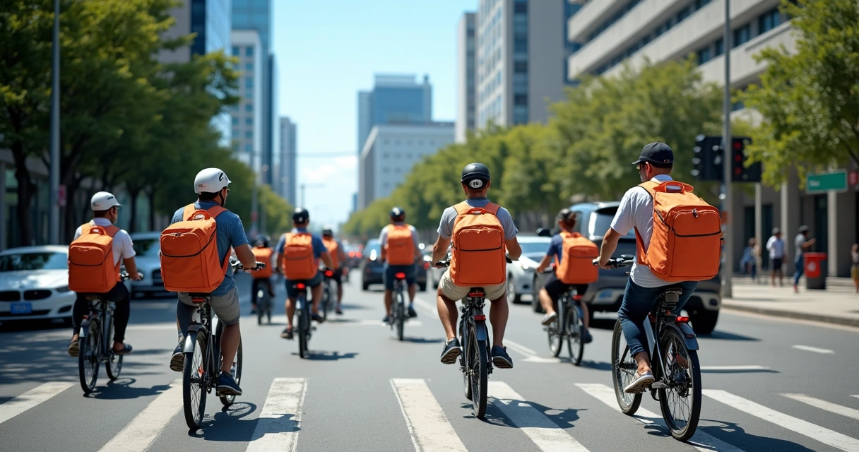 Entregadores circulando de moto e bicicleta na rua, mochilas de entrega nas costas 