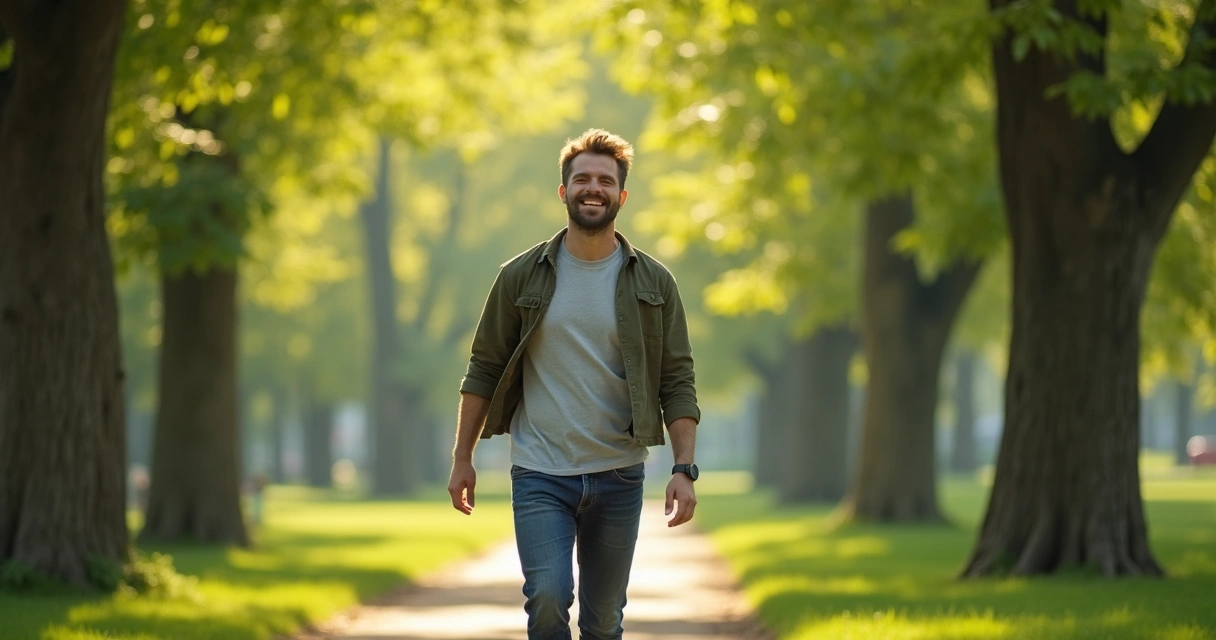 Homem caminhando ao ar livre em parque arborizado, expressão relaxada