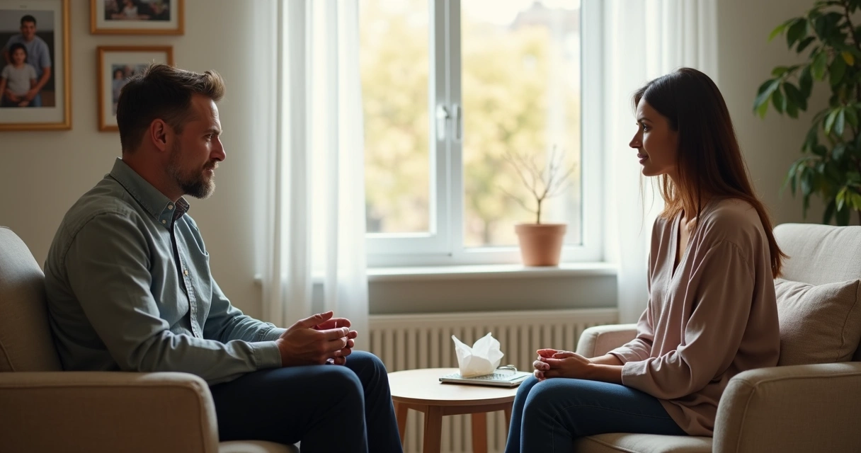 Homem e mulher conversando sentados em sala de terapia 