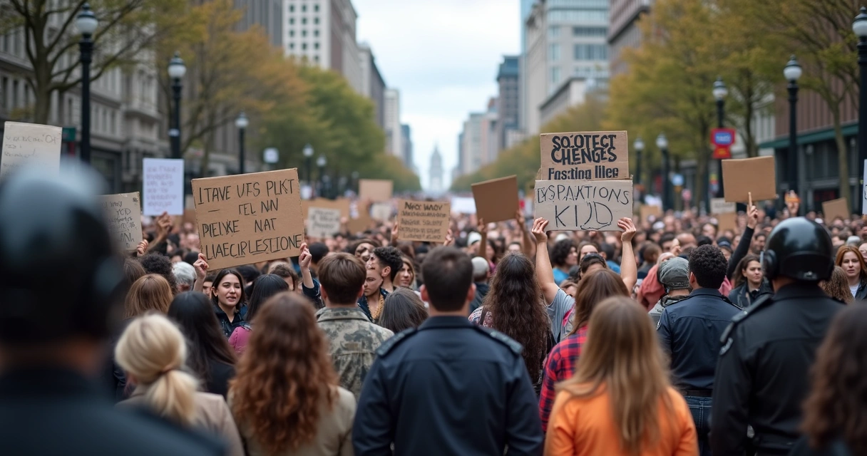Pessoas em manifestação social pacífica com faixas 