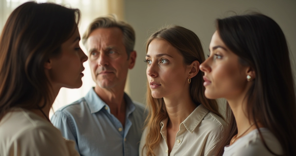 Dinâmica de grupo mostrando pessoas de pé simbolizando relações de uma família 