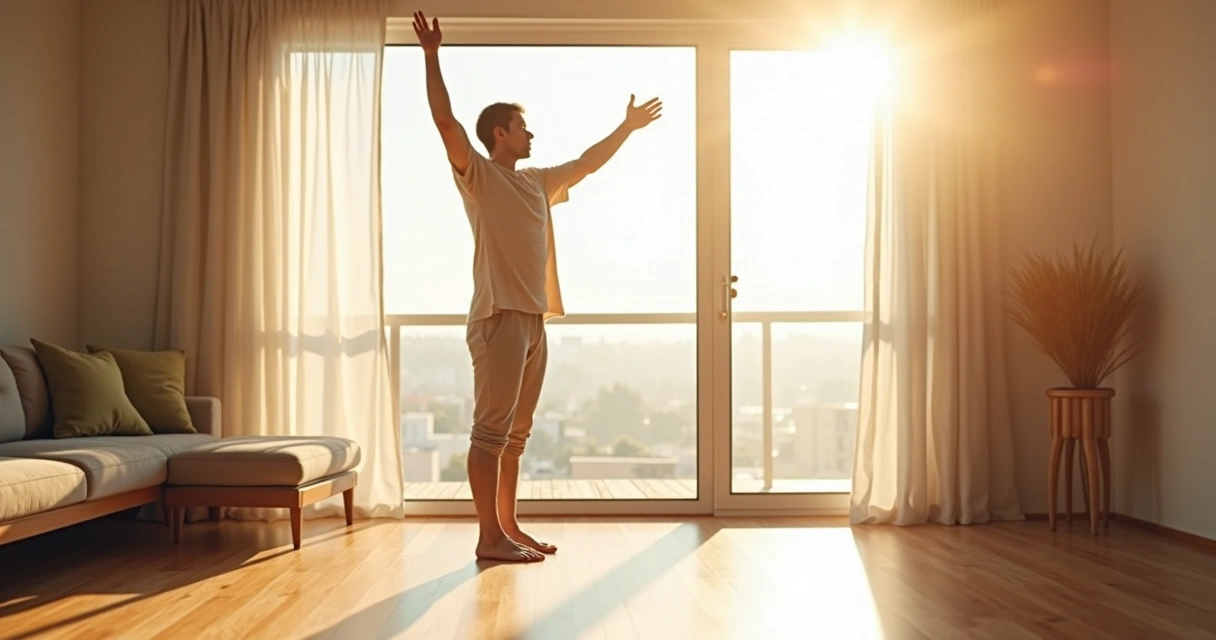 Persona realizando movimientos lentos con brazos en una sala luminosa 