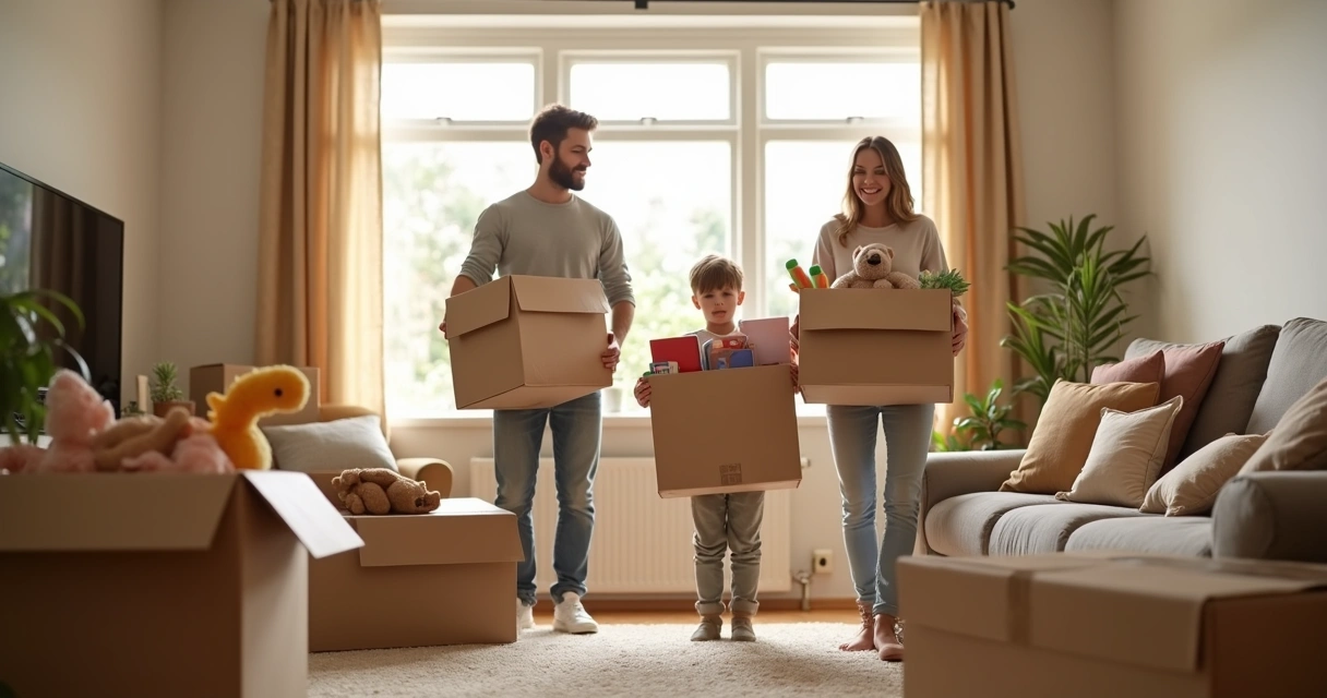 Family carrying boxes while moving to a new home 
