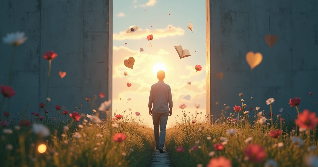 A peaceful scene of a person stepping from a gray zone into light, surrounded by colorful symbols for awareness and growth. 