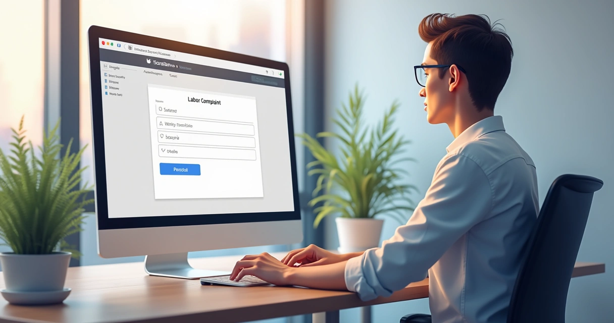 Funcionário preenchendo denúncia online em computador 