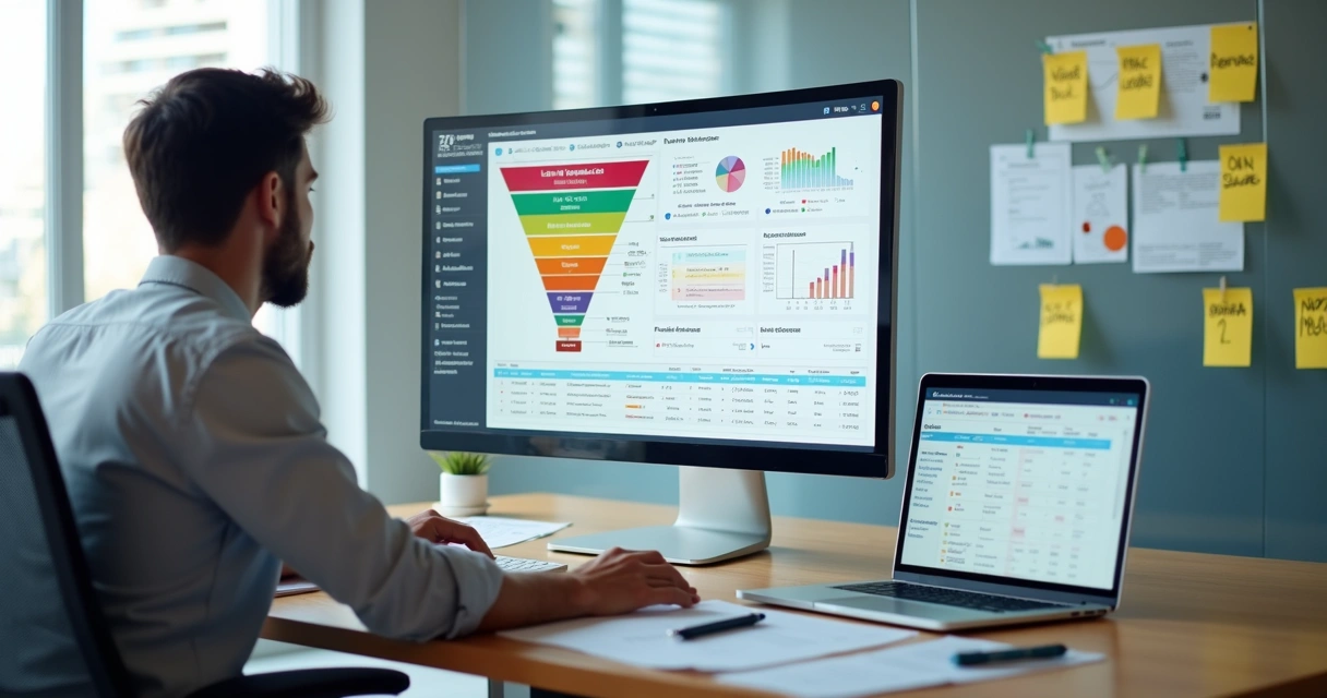 Gestor educacional analisando funil de leads em tela de computador 