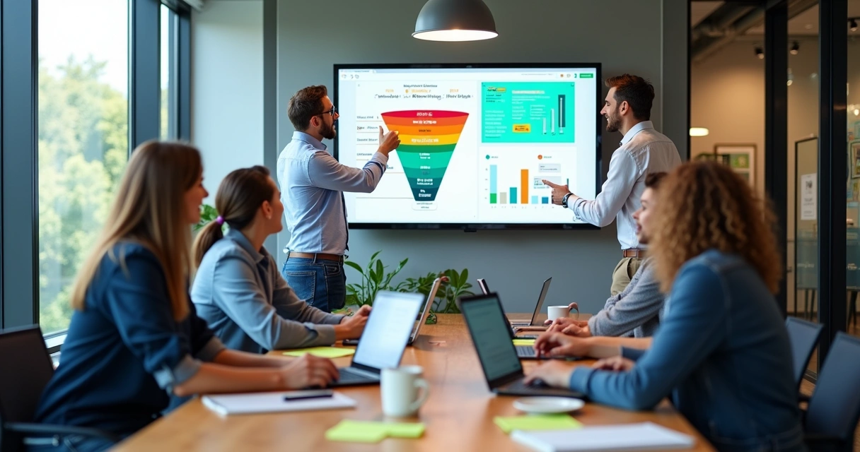 Equipe analisando funil de vendas com leads qualificados em destaque 
