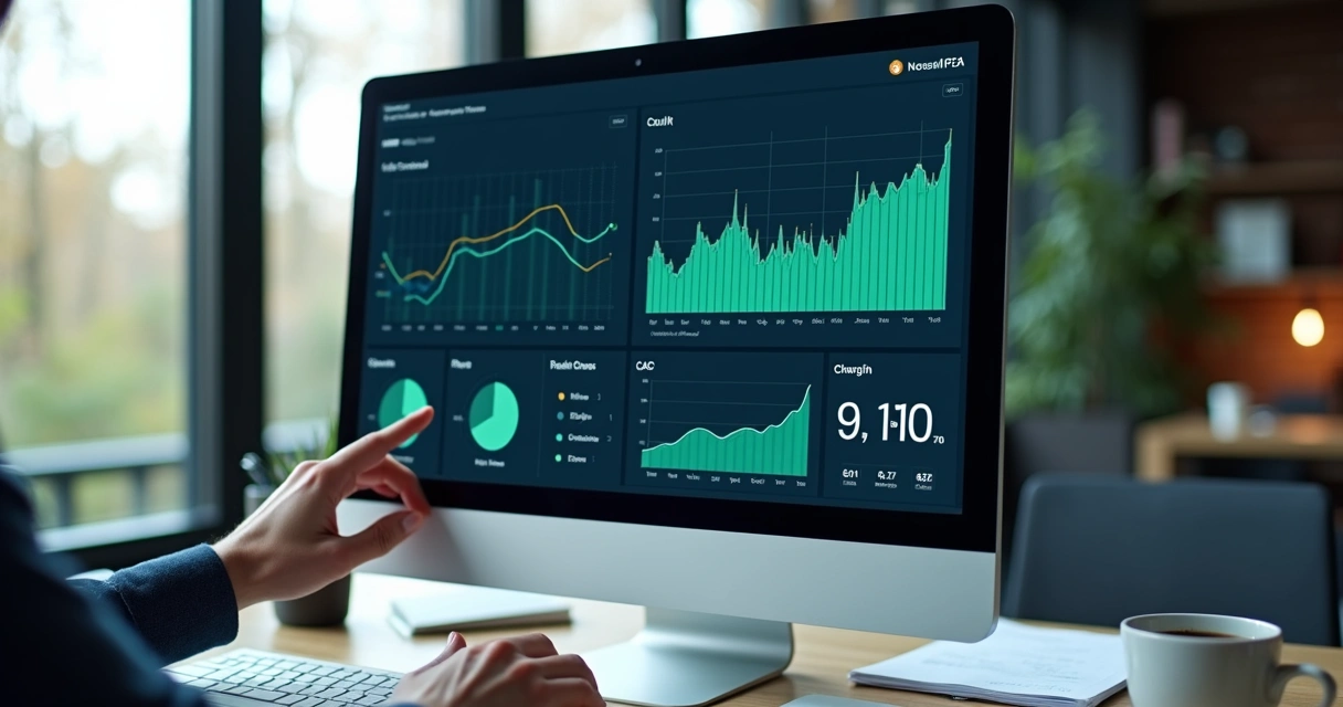 Interface digital mostrando gráficos de MRR, churn e CAC