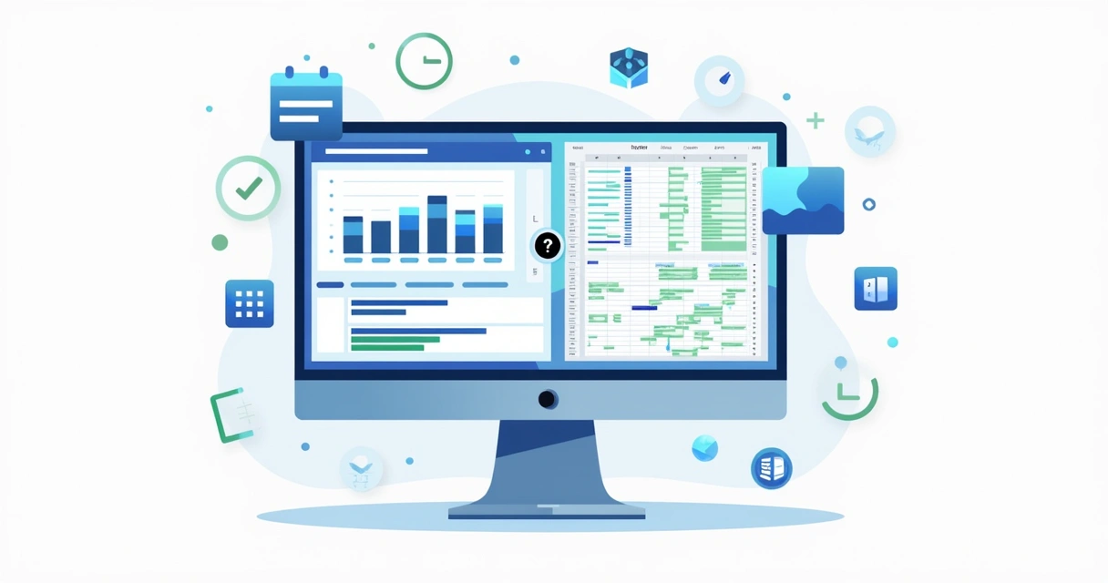 Ilustração corporativa flat comparando MS Project e Excel com gráficos, calendários e ícones das ferramentas 