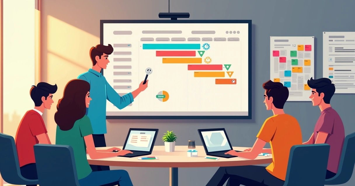 Equipe em reunião diante de tela do MS Project com cronograma colorido 