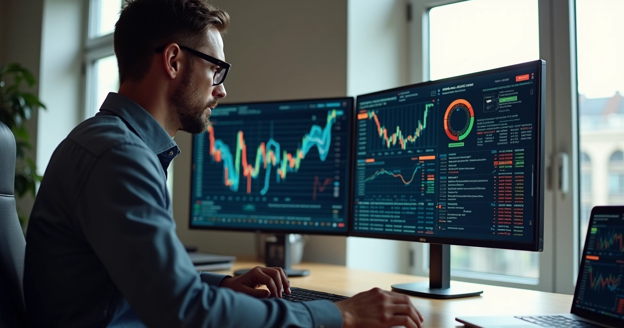 Portfolio manager reviewing real-time MtM dashboard with colorful charts and risk analytics 