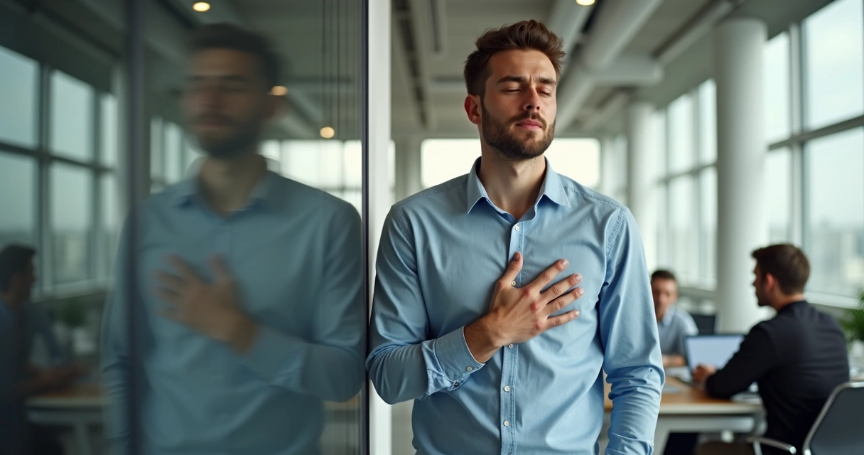 Homem segurando o peito em momento de reflexão 