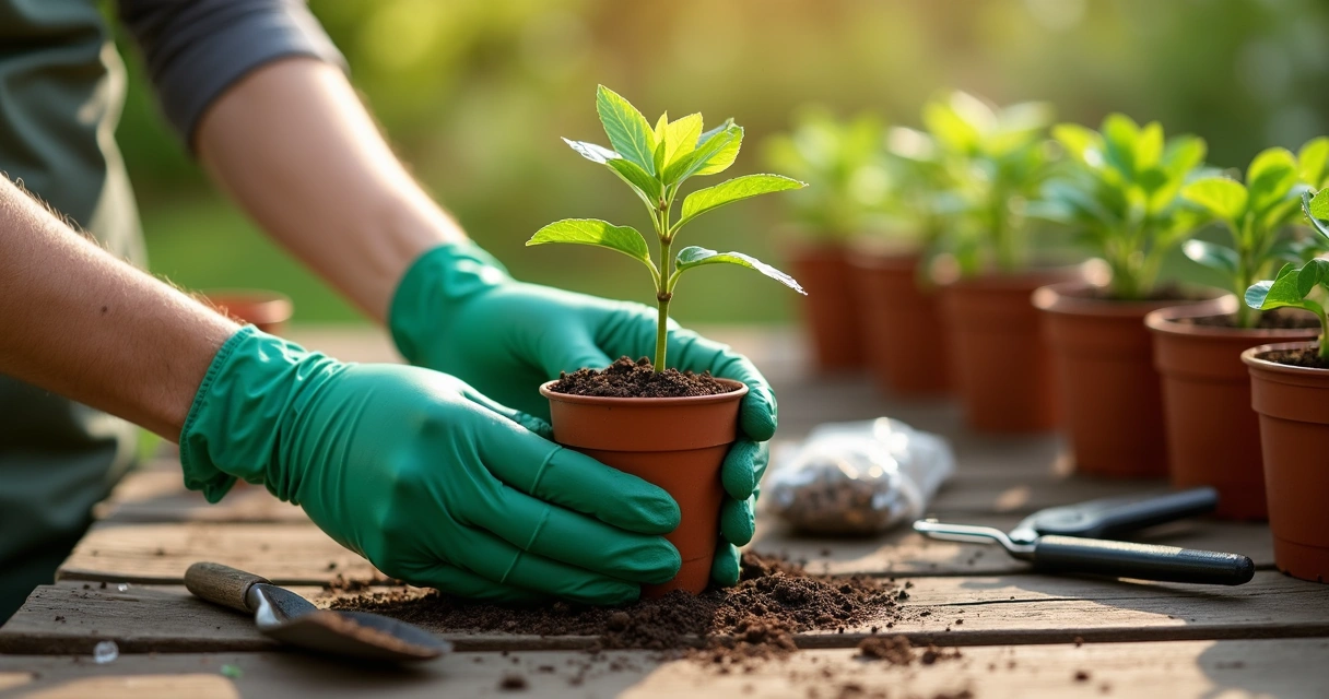Muda de moringa jovem em vaso sendo plantada por mãos com luvas de jardinagem 