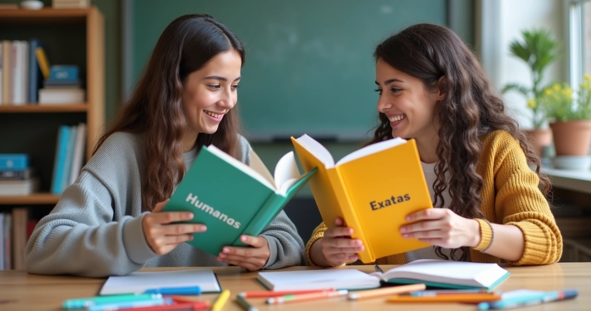 Dupla de estudantes trocando de livros entre ciências humanas e exatas 