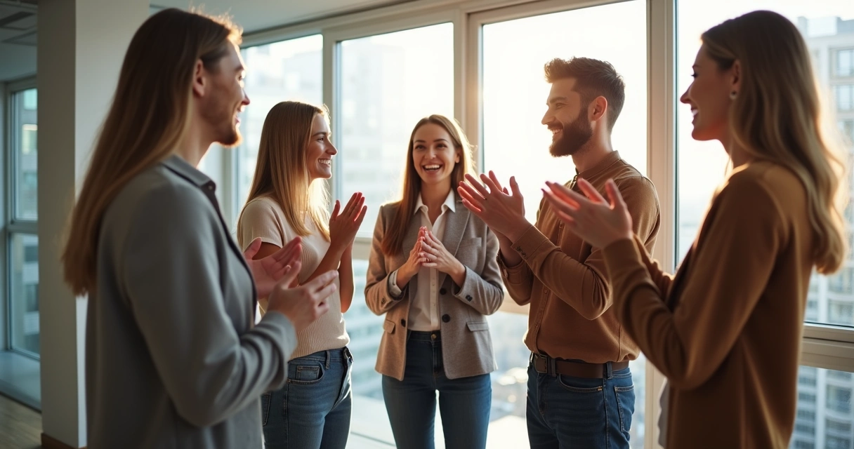 Equipe reunida celebrando ambiente organizacional saudável 