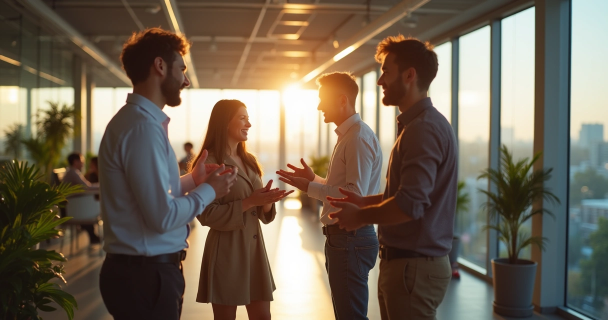 Mudança sutil no ambiente corporativo com pessoas conversando e trocando ideias em pé 