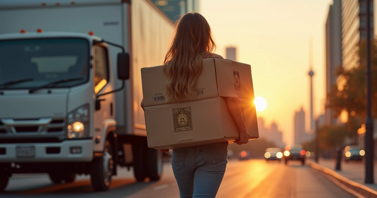 Caminhão de mudança em uma rua urbana 