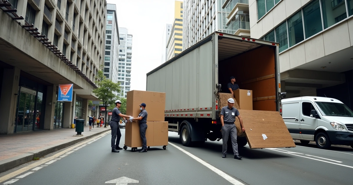 Caminhão de mudança estacionado em rua movimentada da Lapa 