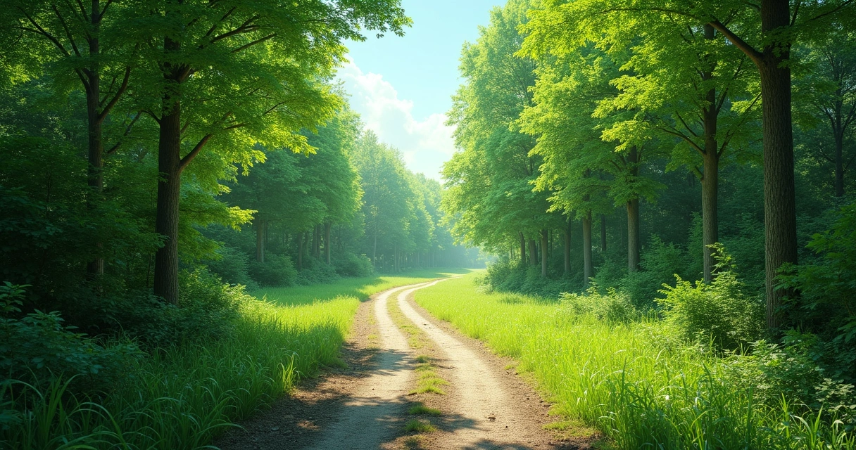 Caminho aberto entre árvores em dia ensolarado 
