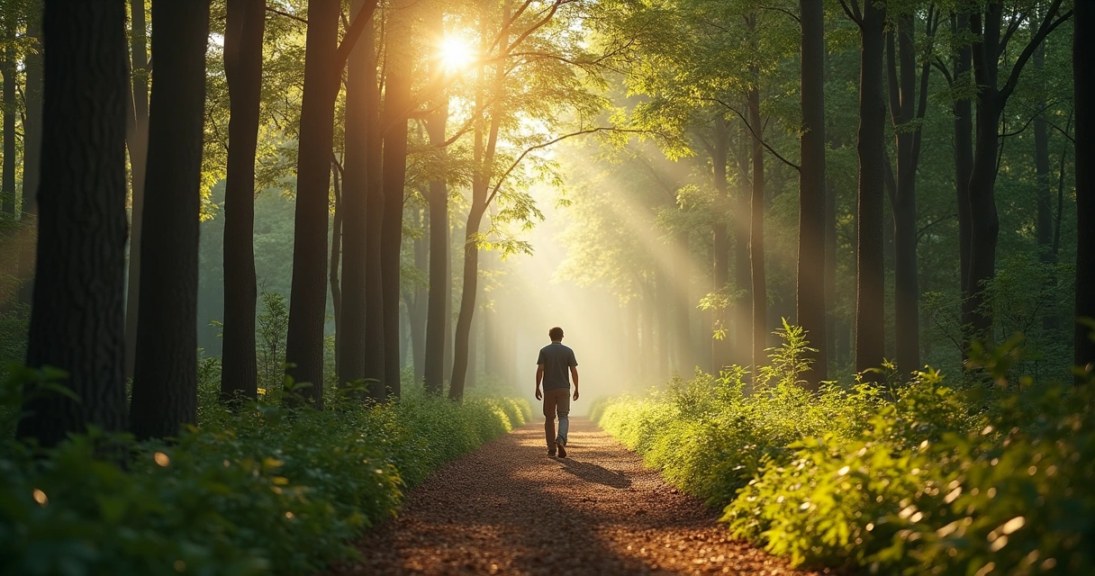 Pessoa caminhando em trilha de natureza com árvores e luz suave 