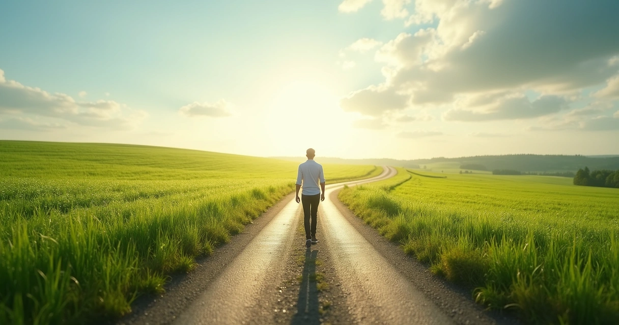 Pessoa caminhando em estrada que se divide em dois caminhos 