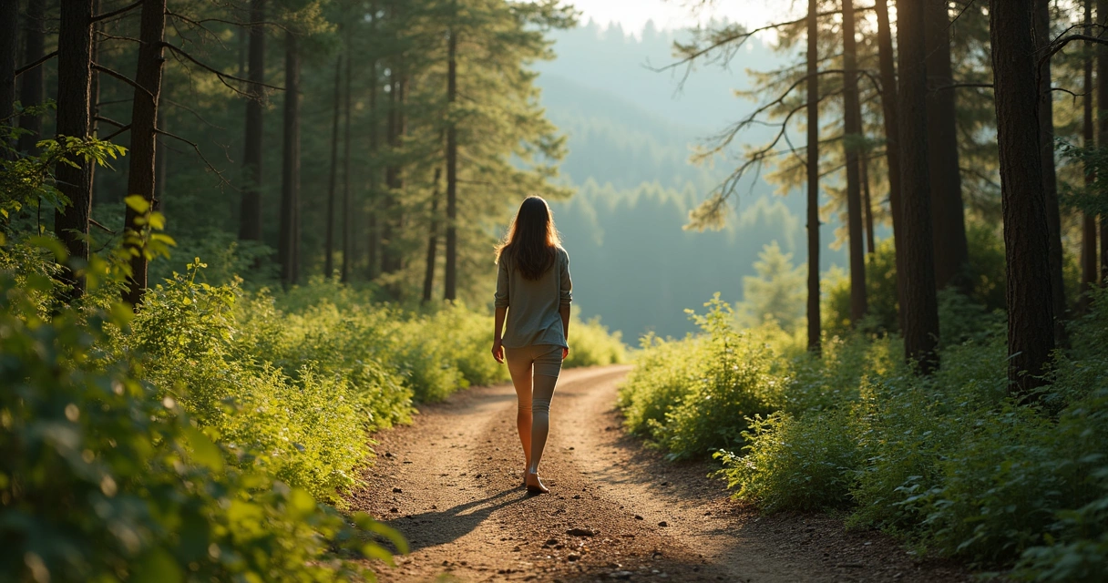 Pessoa caminhando sozinha em trilha de floresta 